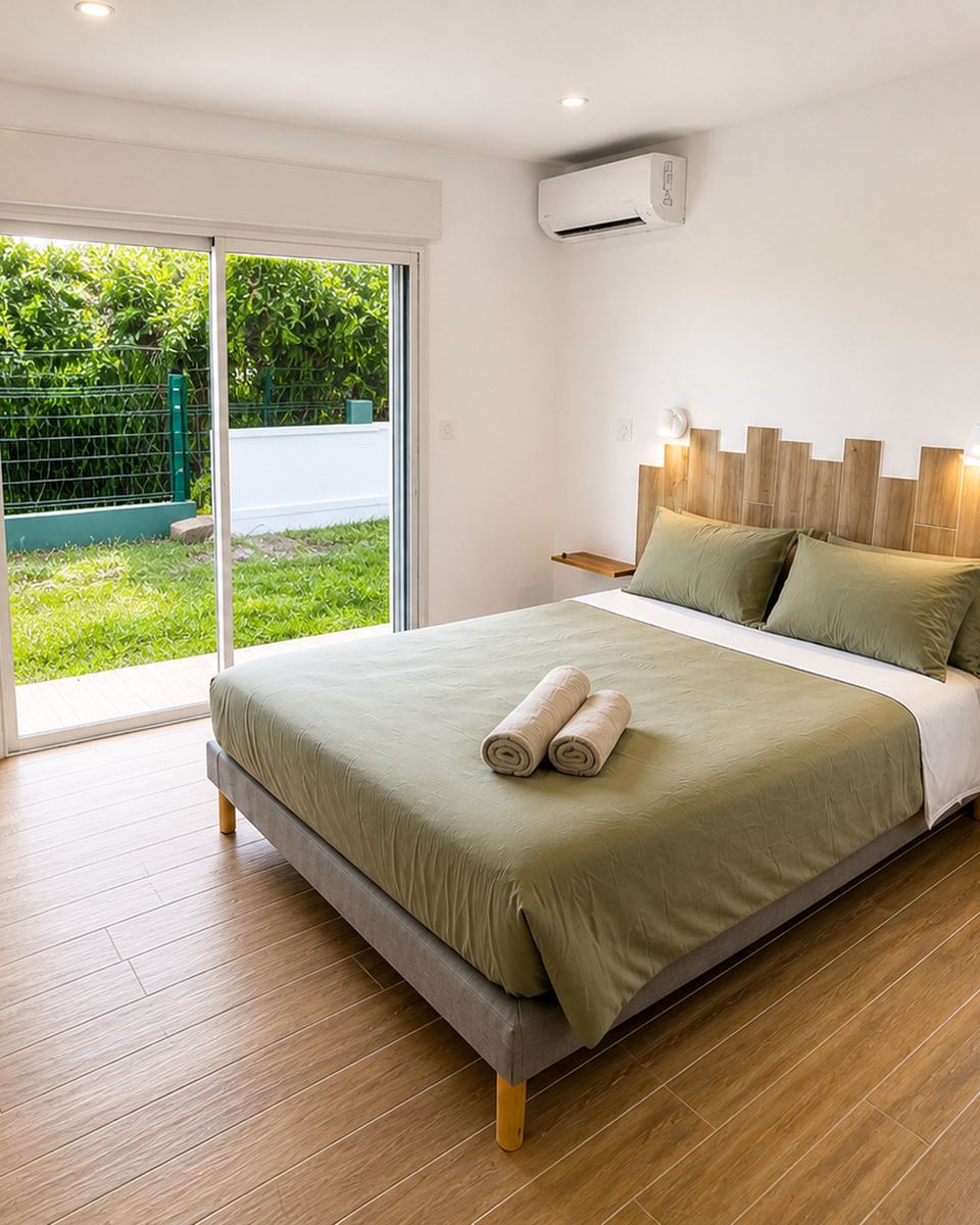 Chambre climatisée avec lit king size et accès direct au jardin