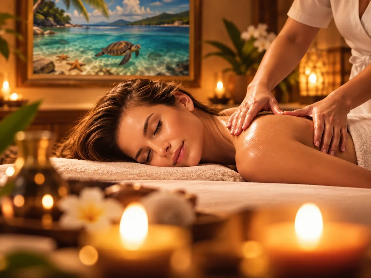Massage bien-être à la lueur des bougies, ambiance tropicale