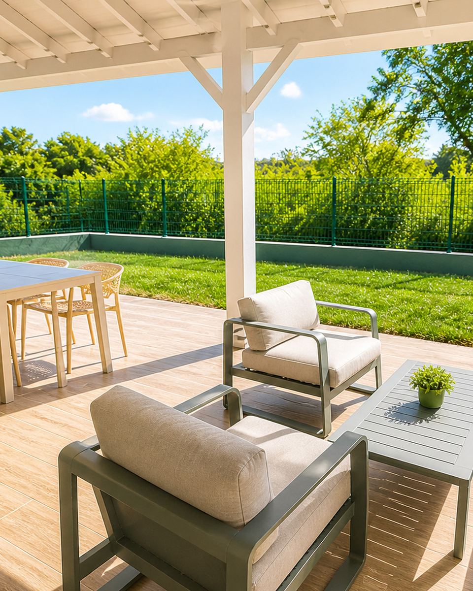 La terrasse couverte et son salon lounge sur le jardin